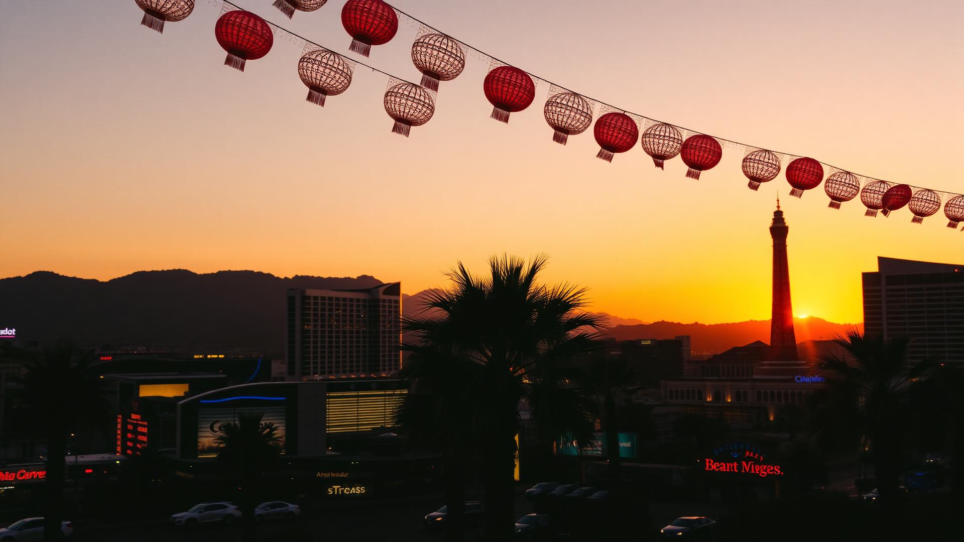 Vista de Las Vegas al atardecer con banderines festivos