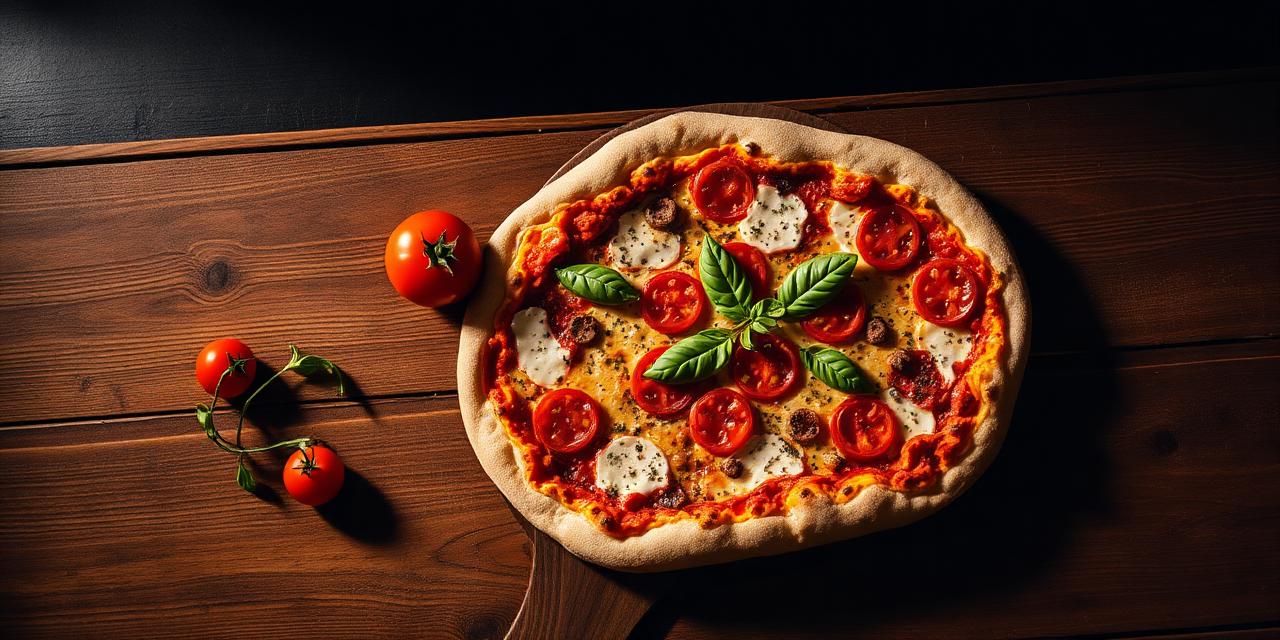 Pizza artesanal recién horneada con tomate y albahaca
